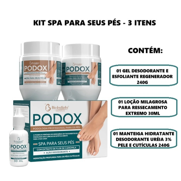 KIT Podox - 3 Itens SPA para os Pés Ressecamento Rachadura Esfoliante Desodorante Ureia-Bio Instinto