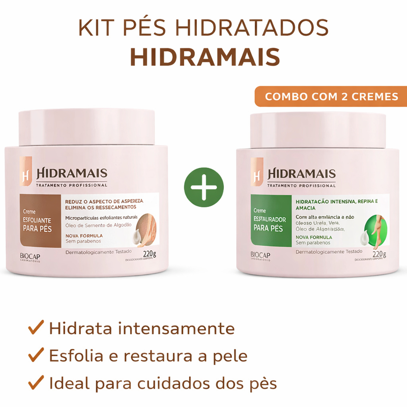 Kit Pés Hidratados Hidramais | Esfoliante + Restaurador | 2 Cremes | Hidratação Intensiva