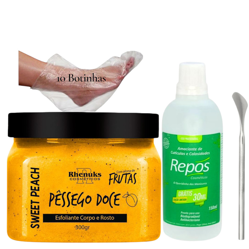 1 Kit Spa dos Pés – FIM dos Calos Pés Lisinhos e Macios: Esfoliante Pêssego + Repos 150 ml+ +Espátula 222+ Botinhas